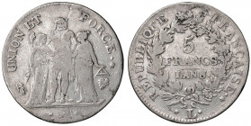 FRANCIA. I Repubblica (1794-1803). 5 franchi l'An 8 L (Bayonne) con 8 su 6. AG (g 24,6). Gad. 563. Raro.
MB