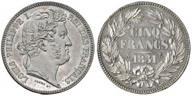 FRANCIA. Luigi Filippo I (1815-1848). 5 franchi 1831 A (Parigi) PROVA in Zinco (Essai). Zn (g 17,6).Gad.656; Mazard 1064. Rara.
FDC