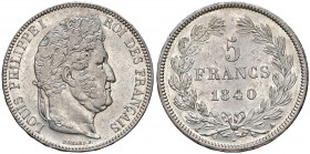 FRANCIA. Luigi Filippo I (1815-1848). 5 franchi 1840 A (Parigi). AG (g 24,95). Gad. 678; KM 749.
qSPL/SPL