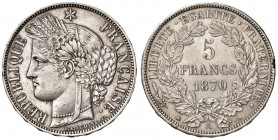 FRANCIA. III Repubblica (1870-1941). 5 franchi 1870 A (Parigi) con legenda. AG (g 24,9). KM 819. Mancanza di metallo al bordo a ore 3 del R/.
SPL
