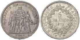 FRANCIA. III Repubblica (1870-1941). 5 franchi 1872 A (Parigi) Hercule. AG (g 25). Gad. 745; KM 820.1. Raro. Minimi colpetti.
SPL