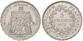 FRANCIA. III Repubblica (1870-1941). 5 franchi 1873 A (Parigi) Hercule. AG (g 24,9). Gad. 745a; KM 820. Metallo brillante e bei fondi.
qFDC