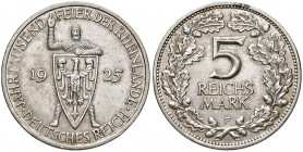 GERMANIA. Repubblica di Weimar (1918-1933). 5 reichsmark 1925 F (Stoccarda). AG (g 24,95). KM 47. Colpetto al bordo.
qSPL