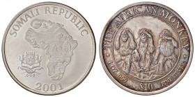 SOMALIA. Repubblica. 10 Dollari 2001. AG (g 31,2). The African Monkey. KM X# 11. 
FDC