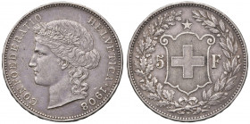 SVIZZERA. Confederazione Elvetica (dal 1848). 5 Franchi 1908. AG (g 24,97). KM 34.
BB+