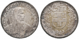 SVIZZERA. 5 franchi 1923. AG (g 24,97). KM 37. Gradevole patina da monetiere.
SPL