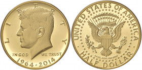 USA. 1/2 Dollaro 2014. AU (g 23,32). 50th Anniversary Kennedy Half Dollar Gold Proof Coin. In confezione originale.
PROOF