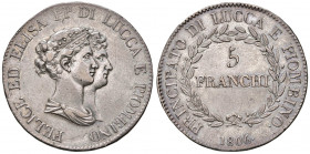 LUCCA E PIOMBINO. Elisa Bonaparte e Felice Baciocchi (1805-1814). 5 Franchi 1806. AG (g 24,86). Gig.3. R
BB/BB+