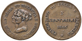 LUCCA E PIOMBINO. Elisa Bonaparte e Felice Baciocchi (1805-1814). 3 Centesimi 1806. CU (g 5,49). Gig.9. NC. Pulita.
BB+