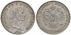 MILANO. Francesco I d'Asburgo Lorena (1815-1835). 20 Kreuzer 1832. AG (g 6,68). Gig. 117a. NC. Cifra 2 della data su 1.
BB+