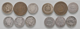 USA. Lotto di 6 monete. 1 Dime 1901, 1903, 1907, 1907 forata, 2 Centesimi 1868, 1 Centesimo 1862. Come da foto.