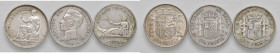 SPAGNA. Lotto di 3 monete: 1 Peseta 1869, 1904, 1933. AG. Come da foto.