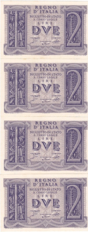 REGNO D'ITALIA. 2 lire IMPERO. 14-11-1939. Gig. BS-8A. Lotto di 4 esemplari con ...