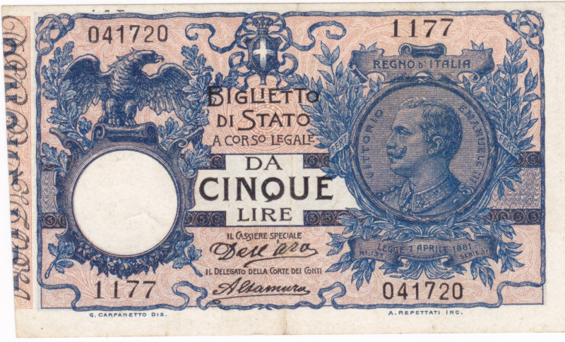 REGNO D'ITALIA. Biglietto di Stato. 5 lire "Vitt.Eman.III". 21-01-1911. Gig. BS-...