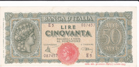 LUOGOTENENZA. Banca d'Italia. 50 lire ITALIA TURRITA. 10-12-1944. Gig. 13A. Leggera ondulazione centrale.
SUP