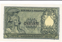 REPUBBLICA ITALIANA. Biglietto di Stato. 50 lire ITALIA ELMATA. 31-12-1951. Gig.BS-23B. Periziata Marco Esposito.
FDS