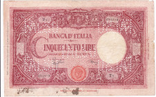 REGNO D'ITALIA. Banca d'Italia. 500 lire GRANDE "C" (B.I.). 31-03-1943. Gig. BI-31A. R. Banconota con annullo "FALSO".
BB