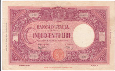 REGNO D'ITALIA. Banca d'Italia. 500 lire GRANDE "C" (B.I.). 23-08-1943. Gig. BI-33A. R. Fori centrali e piccolo strappo al margine destro.
qBB