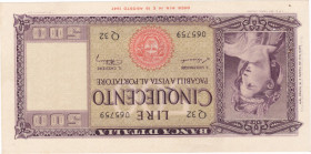 REPUBBLICA. Biglietto di banca. 500 lire "ITALIA ORNATA DI SPIGHE". 20-03-1947. Gig. BI-39A. NC. 2 fori da spillo al bordo sx.
SPL