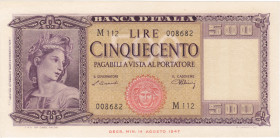 REPUBBLICA. Biglietto di banca. 500 lire "ITALIA ORNATA DI SPIGHE". 10-02-1948. Gig. BI-39B. R. Carta croccante di eccellente qualità, leggerissima pi...