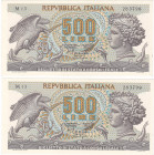 REPUBBLICA. Biglietto di stato. 500 lire "ARETUSA". 20-06-1966. Gig. BI-25A. Lotto di 2 esemplari con numerazione consecutiva. 
qFDS