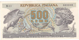 REPUBBLICA. Biglietto di stato. 500 lire "ARETUSA". 23-02-1970. Gig. BS-25D. Carta leggermente ondulata.
qFDS