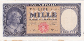 REPUBBLICA. Biglietto di banca. 1000 lire ITALIA (MEDUSA). 1948. SERIE SOSTITUTIVA "W". Gig. BI-54Ba. R. Carta croccante, colori vivi, ingiallimenti a...