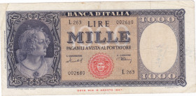REPUBBLICA. Biglietto di banca. 1000 lire ITALIA (MEDUSA). 11-02-1949. Gig. BI-54C. R. Scritta al rv.
BB