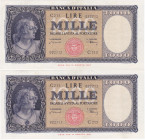REPUBBLICA. Biglietto di banca. 1000 lire ITALIA (MEDUSA). 11-02-1949. Gig. BI-54B. Lotto di due esemplari con numerazione consecutiva, carta di buona...