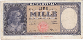REPUBBLICA. Biglietto di banca. 1000 lire ITALIA (MEDUSA). 1949. SERIE SOSTITUTIVA "W". Gig. BI-54Ca. RR.
BB