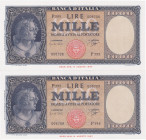 REPUBBLICA. Biglietto di banca. 1000 lire ITALIA (MEDUSA). 25-09-1961. Gig. BI-54E. Lotto di 2 esemplari con numerazione consecutiva, carta di ottima ...