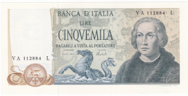 REPUBBLICA. Biglietto di banca. 5000 lire COLOMBO 2°-Tipo. 11-04-1973. Gig. BI-67B. Periziata Marco Esposito.
FDS