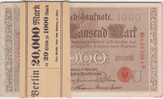 GERMANIA. Berlino 1000 marchi 21.04.1910. Mazzetta da 20 esemplari con numerazione consecutiva e fascetta originale.
qFDS