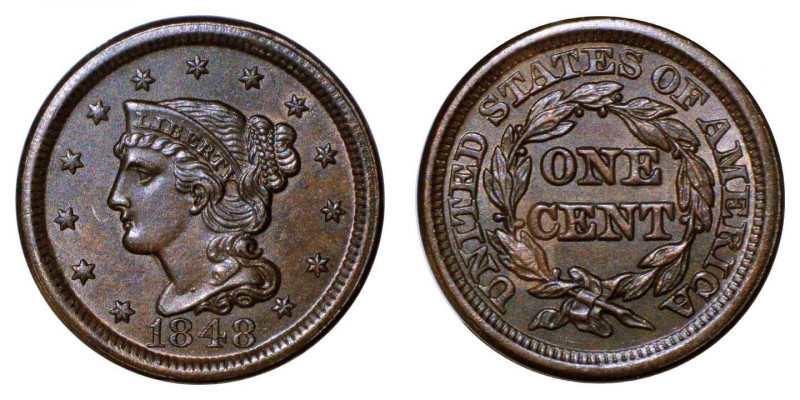 Stati Uniti d'America (dal 1776) - 1 large cent "Braided Hair" 1848 - KM#67 - Cu...