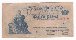 Argentina - Repubblica federale (dal 1861) - 5 pesos - N°serie: 19.484,194 E - 1935-1948 - P# 252

qBB 

SPEDIZIONE SOLO IN ITALIA - SHIPPING ONLY...