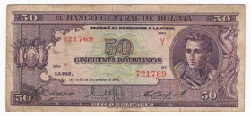 Bolivia - Repubblica (1825-2009) - 50 bolivianos - N°serie: Y721769 - 1945 - Thomas de la Rue & Company - P# 141

mBB 

SPEDIZIONE SOLO IN ITALIA ...