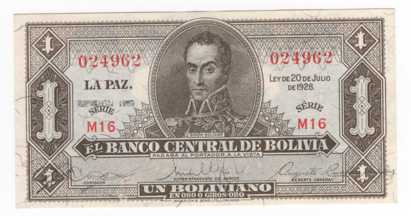 Bolivia - Repubblica (1825-2009) - 1 bolivianos - N°serie: M16 024962 - 1928 - W...