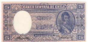 Cile - repubblica (dal 1818) - 5 pesos - N° serie: C19-95 691538 - 1944-1959 - C...