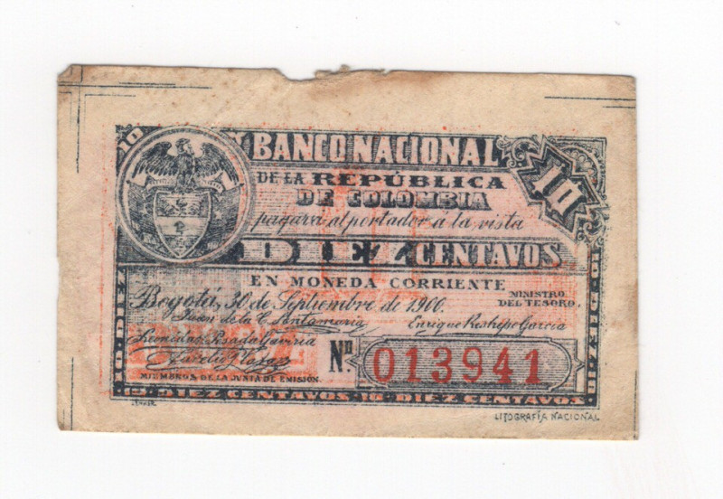 Colombia - repubblica (dal 1886) - 10 Centavos - N° serie: 013941 - 1900 

B
...