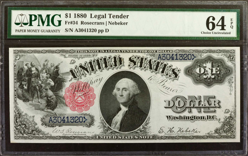 Fr. 34. 1880 $1 Legal Tender Note. PMG Choice Uncirculated 64 EPQ.

A highly a...