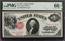 Fr. 37. 1917 $1 Legal Tender Note. PMG Gem Uncirculated 66 EPQ.

Deep embossing and cherry red overprints stand out on this wonderful Gem Ace.

Es...