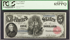 Fr. 79. 1880 $5 Legal Tender Note. PCGS Currency Gem New 65 PPQ.

Small red scalloped seal with blue serial numbers. The reverse of the note display...