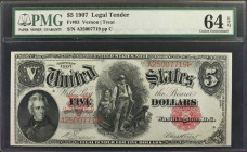 Fr. 83. 1907 $5 Legal Tender Note. PMG Choice Uncirculated 64 EPQ.

A nearly Gem example of this always popular Woodchopper Five. This example is se...