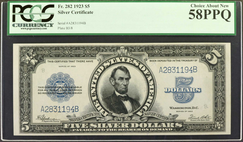 Fr. 282. 1923 $5 Silver Certificate. PCGS Currency Choice About New 58 PPQ.

O...