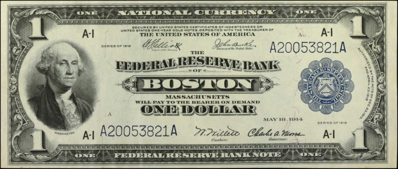 Fr. 710. 1918 $1 Federal Reserve Bank Note. Boston. Extremely Fine.

AA block....