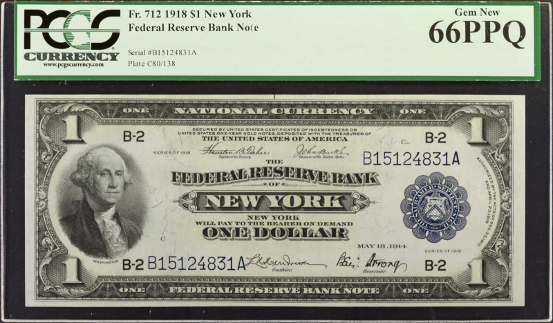 Fr. 712. 1918 $1 Federal Reserve Bank Note. New York. PCGS Currency Gem New 66 P...