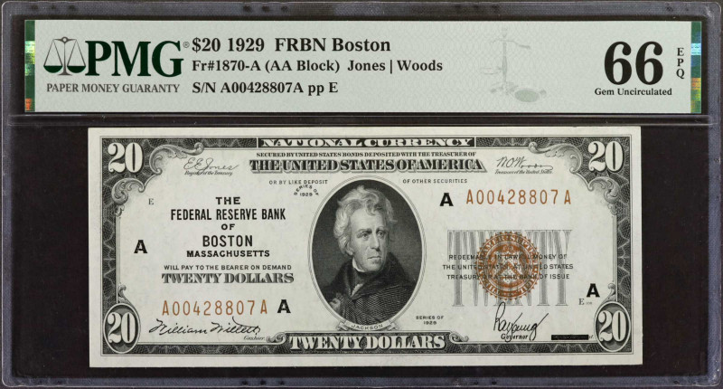 Fr. 1870-A. 1929 $20 Federal Reserve Bank Note. Boston. PMG Gem Uncirculated 66 ...