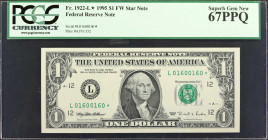Fr. 1922-L*. 1995 $1 Federal Reserve Star Note. San Francisco. PCGS Currency Superb Gem New 67 PPQ. Fancy Serial Number.

Serial number "L01600160*....