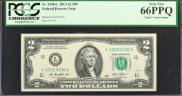 Fr. 1940-L. 2013 $2 Federal Reserve Note. San Francisco. PCGS Currency Gem New 66 PPQ. Radar Serial Number.

Radar Serial Number of "L0333330A."

...
