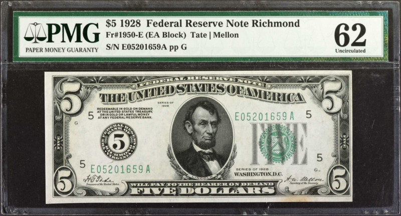 Fr. 1950-E. 1928 $5 Federal Reserve Note. Richmond. PMG Uncirculated 62.

An a...
